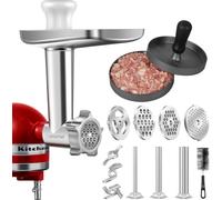 AMZCHEF Accessorio Tritacarne per KitchenAid Robot da Cucina, Contiene 3 Insaccatrici, 4 Piastre di Macinazione, 2 Lame, Pressa per Hamburger (Senza Macchina, Solo Accessori)