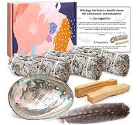 Amzeeniu Salvia Californiana 3 Bundles+2 bastoni Palo Santo 10cm Incenso naturale da bruciare,Sage Smudge Kit Abalone Shell 10cm Piuma in confezione regalo anti-stress,purificazione kit di incenso