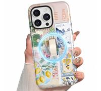 Amzfield Custodia magnetica per iPhone 14 Pro Max con cavalletto da polso, compatibile con Magsafe, custodia magnetica a doppio strato con cinturino da dito estetica carina Italia Culture Collage