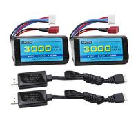 AMZZN 2PCS 11.1V 3000mAh 15C 3S T-plug batteria agli ioni di litio con caricatore USB, adatto per R608 2104 barca brushless telecomando, 210E 200E auto brushless telecomando