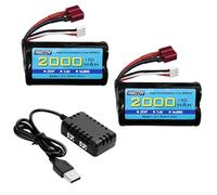 AMZZN 2PCS 7.4V 2000mAh 15C 2S T-Plug Lipo Batteria con caricatore 2-in-1 per WLtoys 12423 MJX 14301 14303 14302 H16PL HP162S HM124 auto RC ad alta velocità 1/10, 1/12, 1/16 e Camion