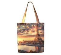 ANABPRMA Boho Gold Lotus Flowers Canvas Tote Bag per le donne - Borsa a tracolla riutilizzabile, grande borsa per la spesa con chiusura a bottone, Torre Eiffel e Città, Taglia unica