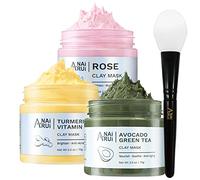 ANAiRUi Maschera Viso Curcuma Vitamina C - Maschera Argilla Viso Rosa - Maschera Fango e Tè Verde Avocado, Rimozione Punti Neri e Pori Dilatati, Pulizia Viso, Purificante e Idratante, 210g