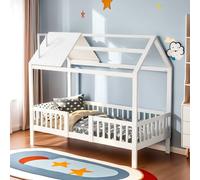 Anajqaqia 90×200 cm Casa Letto singolo, Letto per bambini con struttura a doghe e guardrail, Mobili per camera da letto, Pinewood, Bianco White 200x90cm