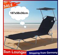 Anajqaqia Lettino prendisole pieghevole 187x58x36 cm, con parasole, schienale regolabile, sedia a sdraio, lettino da giardino per patio e balcone, nero