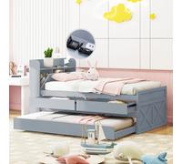 Anajqaqia Letto singolo per bambini 90×190 cm, rete a doghe con cassetto estraibile, comodino con ripiani e presa USB, legno massello