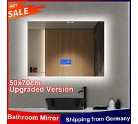 Anajqaqia Specchio da bagno 50x70 cm, con luce LED e display della temperatura e 3 luminosità regolabili e antiappannamento, senza cornice, specchio da parete Upgraded version