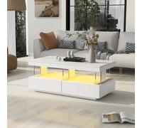 Anajqaqia Tavolino lucido, tavolino da divano moderno, tavolino con illuminazione a LED, con vetro e cassetti portaoggetti, bianco