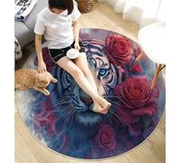 ANALTIRCE Blu Nebbioso Tappeto Da Salotto Rotondo 160 cm, Romanticismo Rose Antisdrucciolevole Lavabile a Pelo Corto Tigre Selvaggia Tappeto Della Decorazione Della Camera Da Letto Del Soggiorno