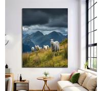 ANALTIRCE Campi Pecore Dipinto Su Tela, Europa Settentrionale Montagne Arte Murale Poster E Stampe Decorazione Da Parete 50×70 cm Unframe Wall Art Home Decor Ufficio Cucina Decorazione
