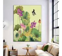 ANALTIRCE Cinese Pittura A Inchiostro En Impresión En Lienzo Con Verde Salvia Foglia Loto Farfalla, Posters Decorativos De Arte De Pared Para Decoración Moderna Del Salón, Tamaño 60×90 cm Sin Marco
