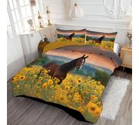 ANALTIRCE Piumone Singolo Stampa Girasole Cavallo, Trapunta 140x200cm Imbottitura 200Gsm In Microfibra 4 Stagioni Piumone, Lavabile Trapunte Campi Animali Stampa Con 1 Federe 50X75 cm