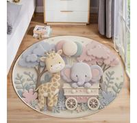 ANALTIRCE Tappeto rotondo per bambini 120 cm, Scultura Rilievo Giraffa Elefante soffice morbido antiscivolo lavabile in lavatrice Tappeto Astratto Animali, per cameretta,soggiorno, Bianco