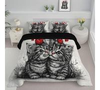 ANALTIRCE Trapunta Singolo Per Bambini Con Stampa Pittura Inchiostro Bacio Gatto, Trapunta 4 Stagioni, Semplice Animale, Piumone Grigio, 140x200cm Letto Trapuntato + 1 Federa, Reversibile Piumino