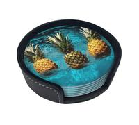 Ananas fresco maturo che galleggia in acqua pura Stampa sottobicchieri Sottobicchieri per bevande Sottobicchieri rotondi in pelle per tazze in ceramica Tazza da caffè Casa Bar Ufficio Set di 6