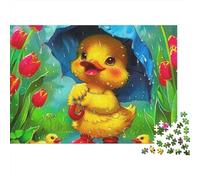Anatra Gialla Puzzle Premium 1000 Pezzi per Adulti, Anatroccolo con Ombrello Blu in un Giardino di Tulipani, Spesso, Robusto, Alta Qualità, Vivace, Sfidante, Difficile, Antistress 70x50cm/1000pz