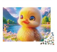 Anatra Gialla Puzzle Regalo per Vacanze 1000 Pezzi per Adulti, Anatroccolo Soffice vicino a un Lago di Montagna con Fiori, Premium, Spesso, Robusto, Alta Qualità, Sfidante, Antistress 38x26cm/1000pz