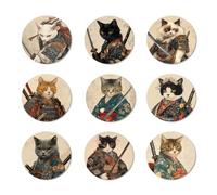 ANATTASOUL 9 Pezzi di Pattern Gatto Samurai Sottobicchieri Legno, Sottobicchieri per Bevande,Coaster per Tavolino del Caffè, Decorazione per Cucina e Sala da Pranzo