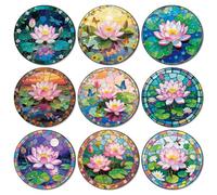 ANATTASOUL 9 Pezzi di Pattern Loto e Stagno Sottobicchieri Legno, Sottobicchieri per Bevande,Coaster per Tavolino del Caffè, Decorazione per Cucina e Sala da Pranzo