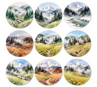 ANATTASOUL Sottobicchieri in legno, rotondi, 9 pezzi, acquerello, vista montagna, sottobicchieri riutilizzabili, per casa, ufficio e bar, decorazione da tavolo estiva