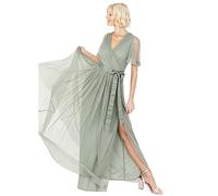 Anaya with Love Ladies Maxi Dress Women V Neckline Short Sleeve Frilly Long Empire Waist for Wedding Guest Bridesmaid Maid of Honour Vestito, Frosted Green, 40 Donna