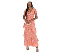 Anaya with Love Maxi Abito da Donna con Maniche svolazzanti, Scollo a V, Gonna a Balze con Lacci sul Retro, Stampa Floreale Tropicale, Corallo, 50
