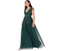 Anaya with Love Women's Maxi Dress Ladies cap Sleeve V-Neck Satin Detail Tulle A-Line Bridesmaid Wedding Guest Occasion Prom Ball Gown, Emerald Green, 58