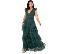 Anaya with Love Women's Maxi Dress Ladies Short Sleeve V-Neck Wrap Tiered Ruffle Tulle A-Line Wedding Guest Bridesmaid Prom Ball Gown, Emerald Green, 54