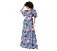 Anaya with Love Women's Maxi Dress Ladies Wrap Short Angel Sleeves V-Neck Floral Waist Tie for Wedding Guest Occasion Evening Prom Ball Vestito, Blue, 46 Donna