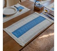 ANAZOZ 8 Tovagliette Americana,Set Tovagliette Cotone Lino 30 x 50 CM,Rettangolo con Rombo Intrecciato e Nappe Tovagliette Beige Blu Americane Lavabili