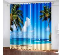 ANAZOZ Tende con Occhielli,2 x 214W x 229H CM,Tenda Coprente Oscurante Due Pannelli Paesaggio di Palma Spiaggia Tende per Finestre Blu Verde