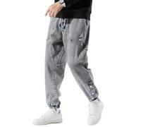 ANBOBER - Pantaloni da jogging in denim da uomo, jeans casual da strada, pantaloni da tuta in denim con coulisse, pantaloni cargo a vita elastica, Grigio, XL