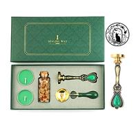 ANBOSE Kit con timbro per sigilli in cera con testa in ottone rimovibile, perline di ceralacca, cucchiaio di rame, candele, retrò, vintage, luna, stella, gatto