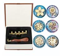 Anbose, Set di timbri per ceralacca, con 1 manico in legno e 6 sigilli per ceralacca in rame con fiore di ciliegio, camomilla, girasole, rosa, magnolia (A)