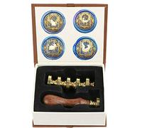 Anbose - Timbro per ceralacca, motivo animali con stelle; set con 4 teste in ottone rimovibili e 1 manico in legno, retrò, vintage, motivo gatto, cervo, coniglio, volpe, per lettere, cartoline, inviti