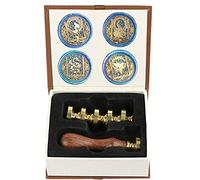 Anbose - Timbro per ceralacca, motivo animali con stelle; set con 4 teste in ottone rimovibili e 1 manico in legno, retrò, vintage, motivo sirena, pavone, drago, colibrì, per lettere, cartoline