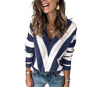 ANCAPELION Maglione da donna a maglia grossa, casual, a maniche lunghe, con blocco di colori, elegante, con scollo rotondo, per autunno e inverno, D-blu, XXL