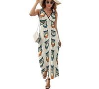 Anceky Abito Lungo da Festa Estivo da Donna con Spalline Sottili e Scollo a V, Modello Owl Glasses, Senza Maniche, con Scollo a V e Design a Gufo.
