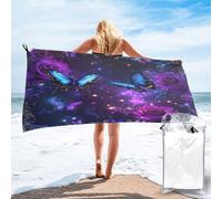 Anceky Asciugamano da viaggio in microfibra ad asciugatura rapida con custodia e moschettone, 80x160 cm, con farfalle magiche tra rose vivaci e sfondo galattico. Dimensioni: 80x160 cm.