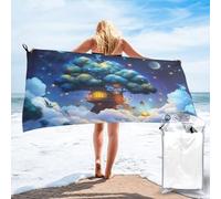 Anceky Asciugamano da viaggio in microfibra ad asciugatura rapida con custodia e moschettone, raffigurante una fantasiosa casetta sull'albero in un cielo notturno da sogno, 70 x 140 cm.