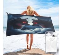 Anceky Asciugamano da viaggio in microfibra ad asciugatura rapida con doppia testa di lupo, occhi rossi e cielo notturno illuminato dalla luna, completo di custodia e moschettone, 70 x 140 cm.