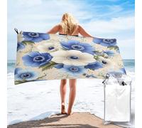 Anceky Asciugamano da viaggio in microfibra ad asciugatura rapida con motivo floreale digitale, anemoni blu e sfondo beige, completo di custodia e moschettone, 80x160 cm.