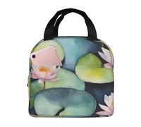 Anceky Borsa termica isolante con stampa di ninfee nere, riutilizzabile, ideale per il pranzo di donne e uomini, per lavoro e picnic.