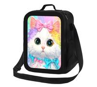 Anceky Borsa termica per il pranzo con fiocco a forma di gatto, borsa frigo morbida e riutilizzabile con chiusura a zip, ideale per ufficio, scuola, spiaggia, viaggi e picnic, con tracolla.