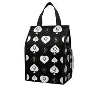 Anceky Borsa termica pieghevole a prova di perdite, con stampa Regina di Picche dorata su sfondo nero, con tasche, ideale per impiegati e appassionati di attività all'aperto.