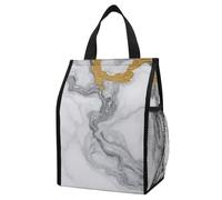 Anceky Borsa termica portatile per il pranzo, elegante fantasia marmorizzata bianco oro, leggera, impermeabile e pieghevole, ideale per il trasporto di alimenti durante i viaggi e il campeggio.
