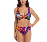 Anceky Costume da Bagno Bikini a Triangolo con Allacciatura al Collo e Motivo Cottage Magic Tree da Donna, con Top a U.