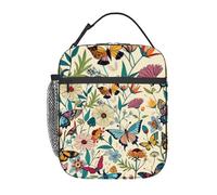 Anceky farfalle e uccelli liberi tra i fiori selvatici Generative Insulated Iunch Bag per uomo e donna Grande contenitore termico portatile impermeabile riutilizzabile con tasche per lavoro, viaggio,