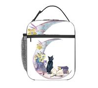 Anceky Fiori di luna piena gatto nero e libri dipinto a mano lunare Borsa pranzo isolata per uomo e donna Grande contenitore per il pranzo termico portatile impermeabile riutilizzabile con