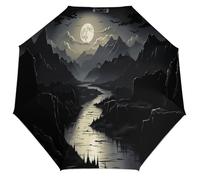 Anceky Ombrello compatto da viaggio con paesaggio montano illuminato dalla luna, resistente ai raggi UV, al vento e alla pioggia, leggero e pieghevole, per uomo e donna.